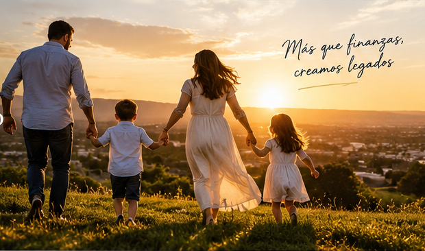 La familia del diseño original contempla el atardecer desde una loma verde
